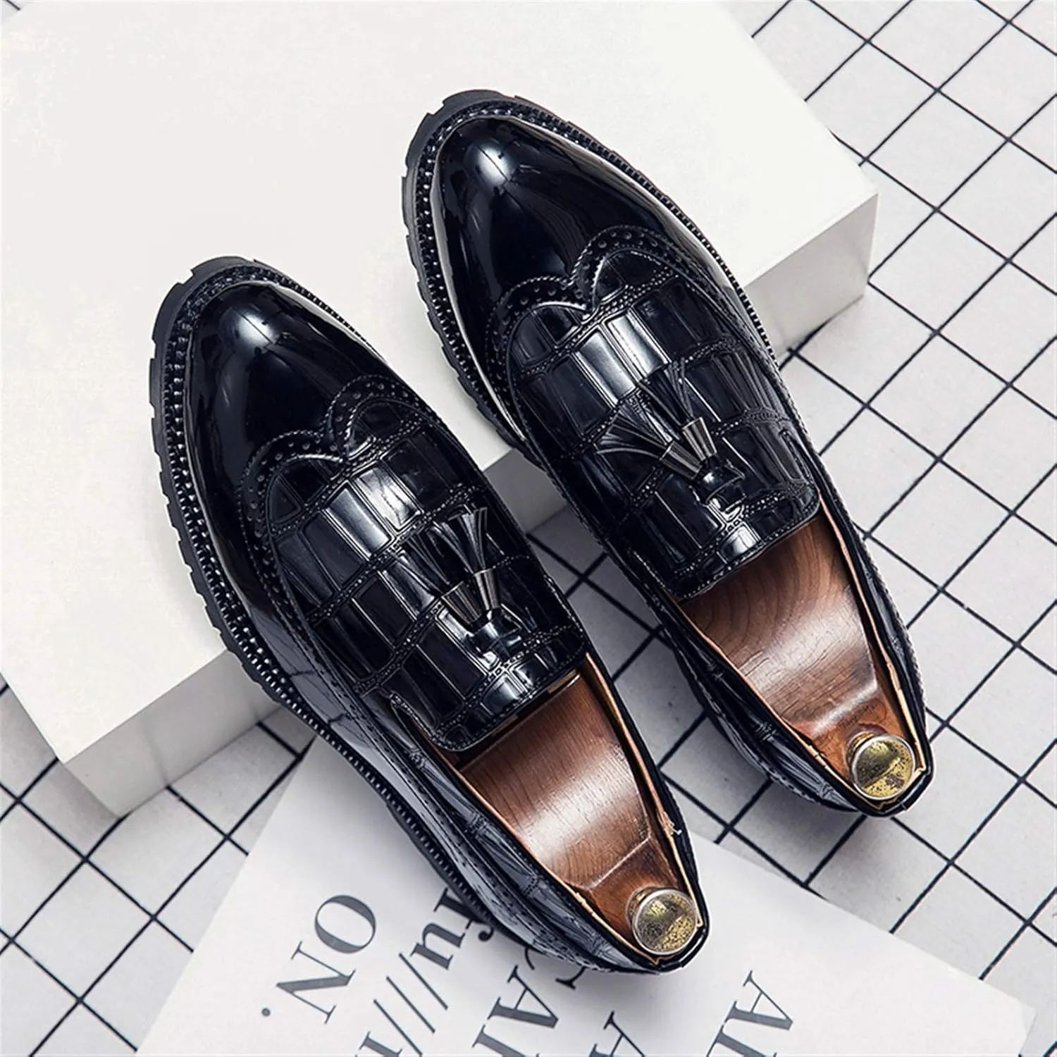 Men's Classic Business Oxfords Large Size Tassel Patchwork Loafers Crocodile Embossed Round Toe Slip-on Wingtip Block Heel Anti-Slip Formal Men