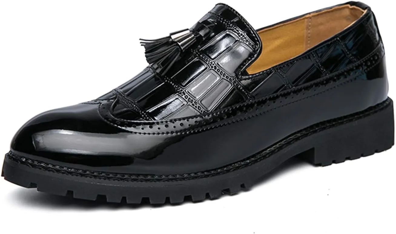 Men's Classic Business Oxfords Large Size Tassel Patchwork Loafers Crocodile Embossed Round Toe Slip-on Wingtip Block Heel Anti-Slip Formal Men