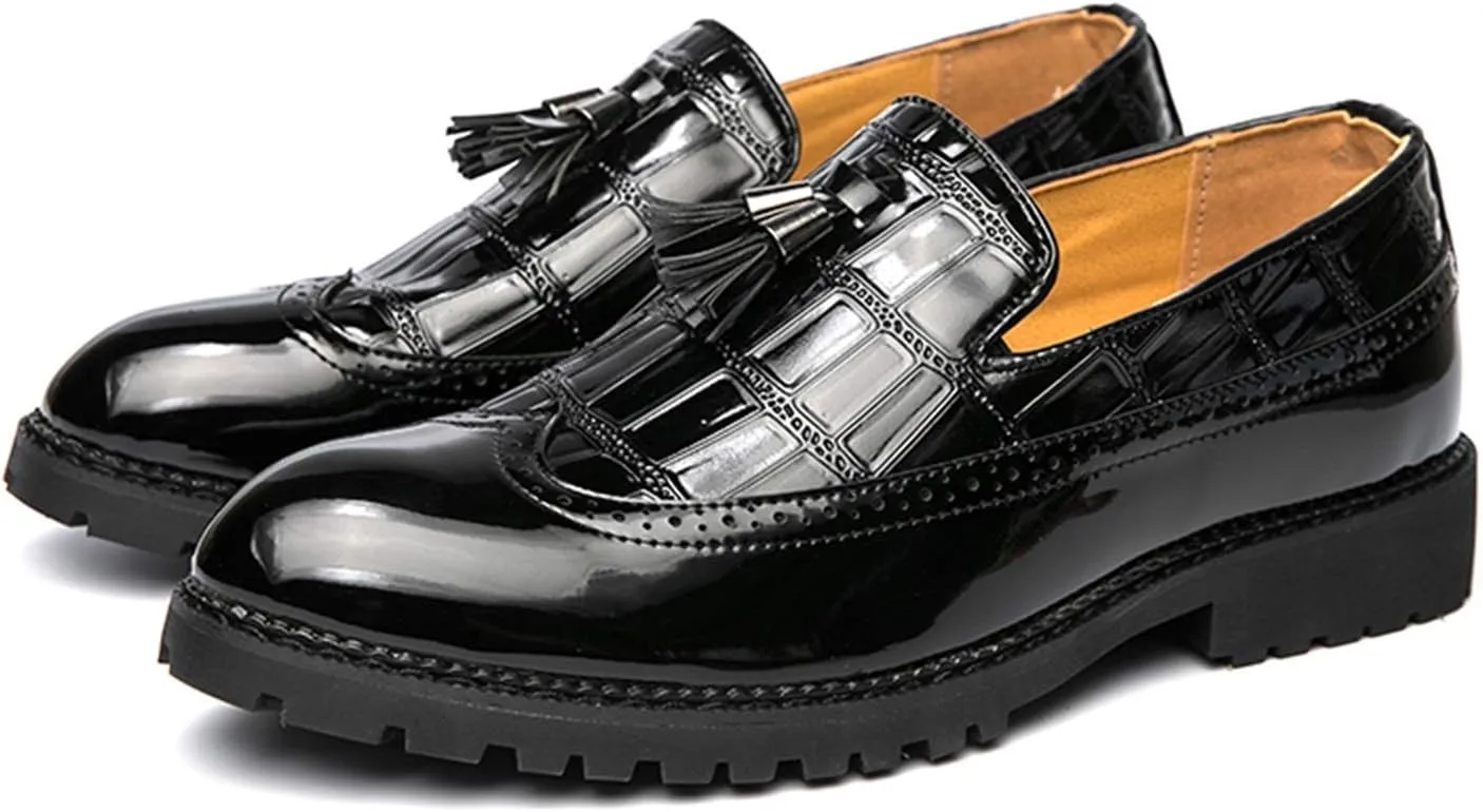 Men's Classic Business Oxfords Large Size Tassel Patchwork Loafers Crocodile Embossed Round Toe Slip-on Wingtip Block Heel Anti-Slip Formal Men