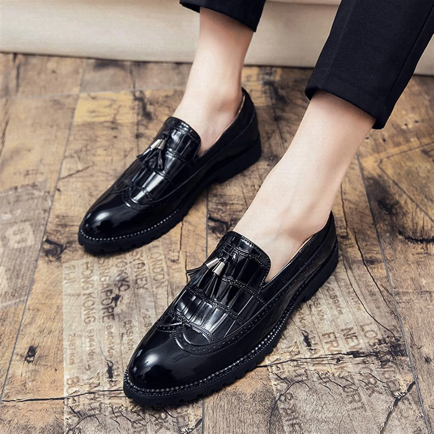 Men's Classic Business Oxfords Large Size Tassel Patchwork Loafers Crocodile Embossed Round Toe Slip-on Wingtip Block Heel Anti-Slip Formal Men