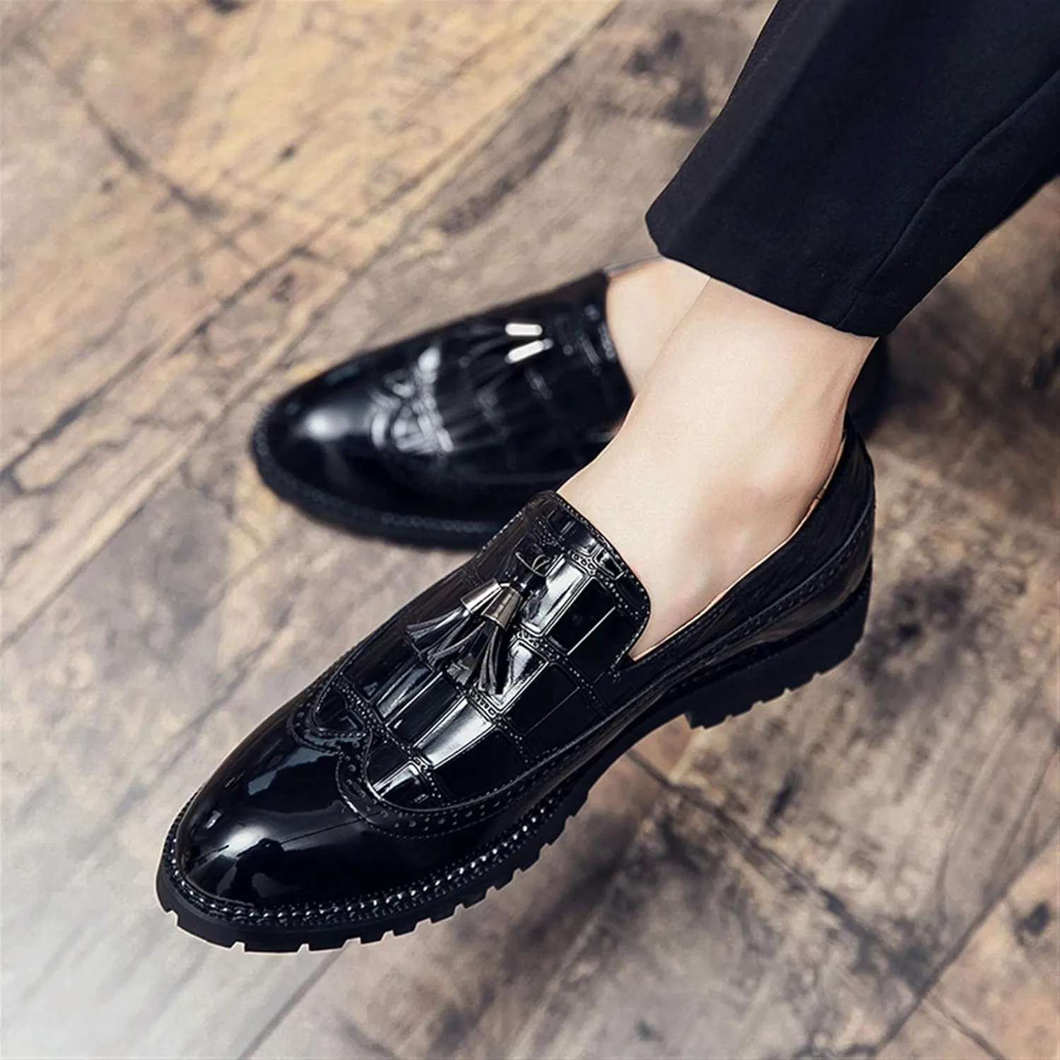 Men's Classic Business Oxfords Large Size Tassel Patchwork Loafers Crocodile Embossed Round Toe Slip-on Wingtip Block Heel Anti-Slip Formal Men