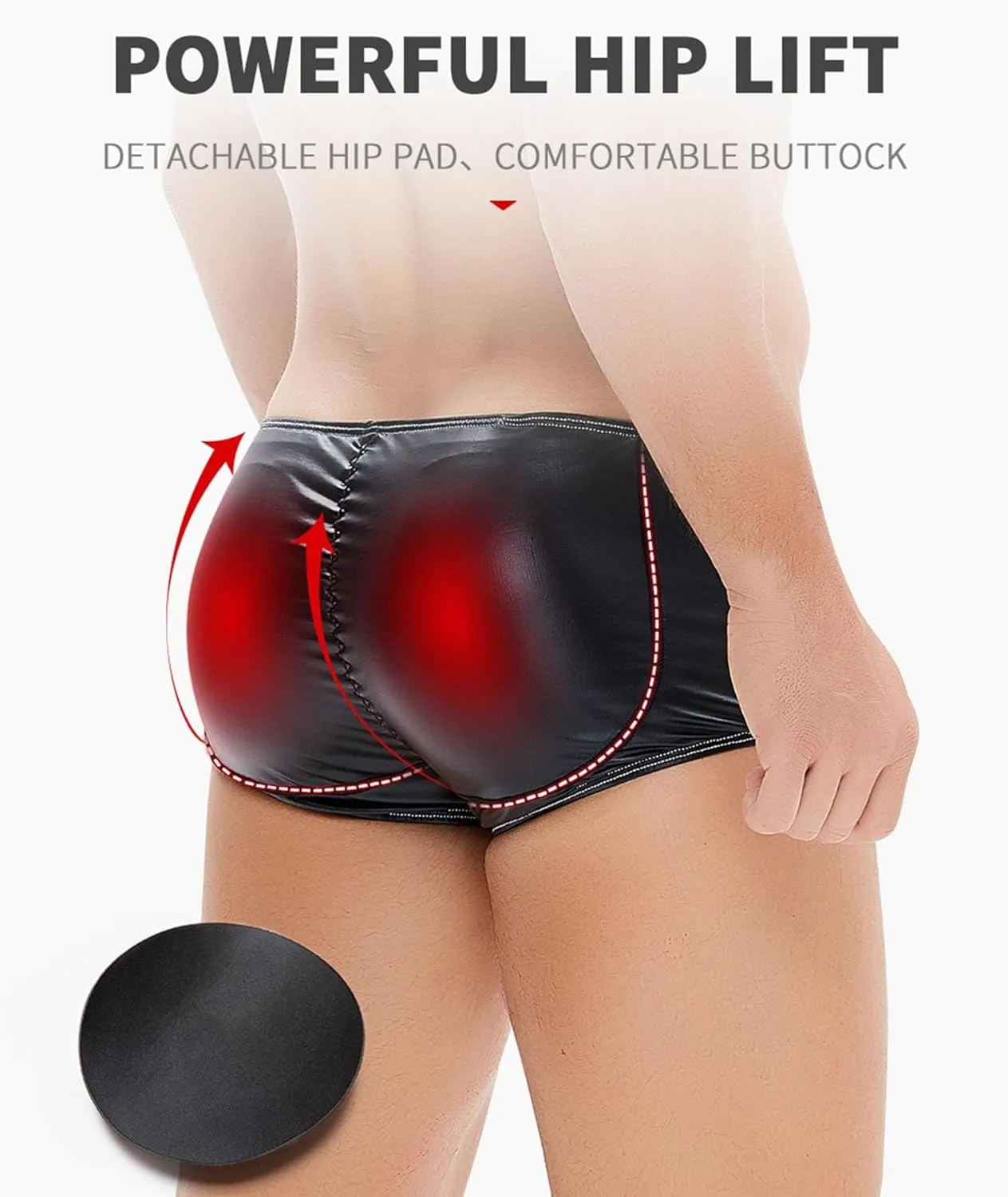 Men's Faux Leather Padded Boxer Briefs Butt Lifter and Front Pouch Shapewear Enhancer Shorts Low Rise Trunks Underwear