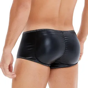 Men's Faux Leather Padded Boxer Briefs Butt Lifter and Front Pouch Shapewear Enhancer Shorts Low Rise Trunks Underwear