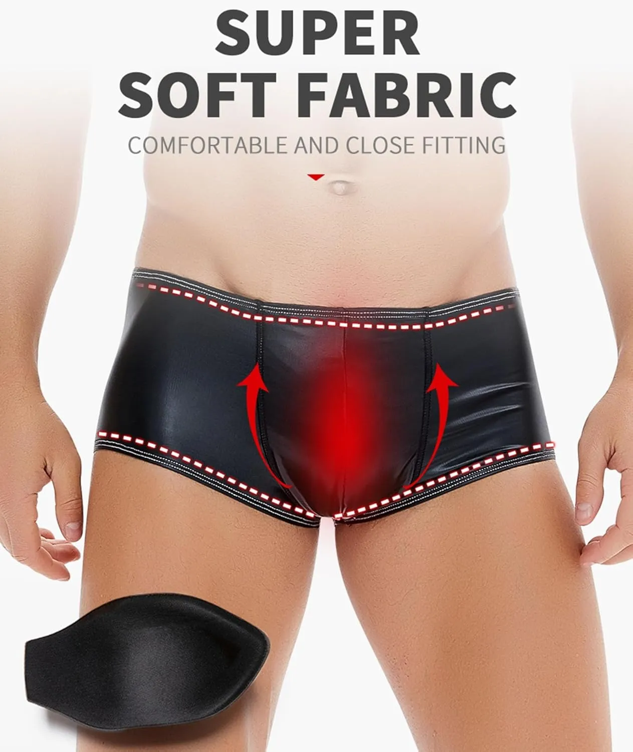 Men's Faux Leather Padded Boxer Briefs Butt Lifter and Front Pouch Shapewear Enhancer Shorts Low Rise Trunks Underwear