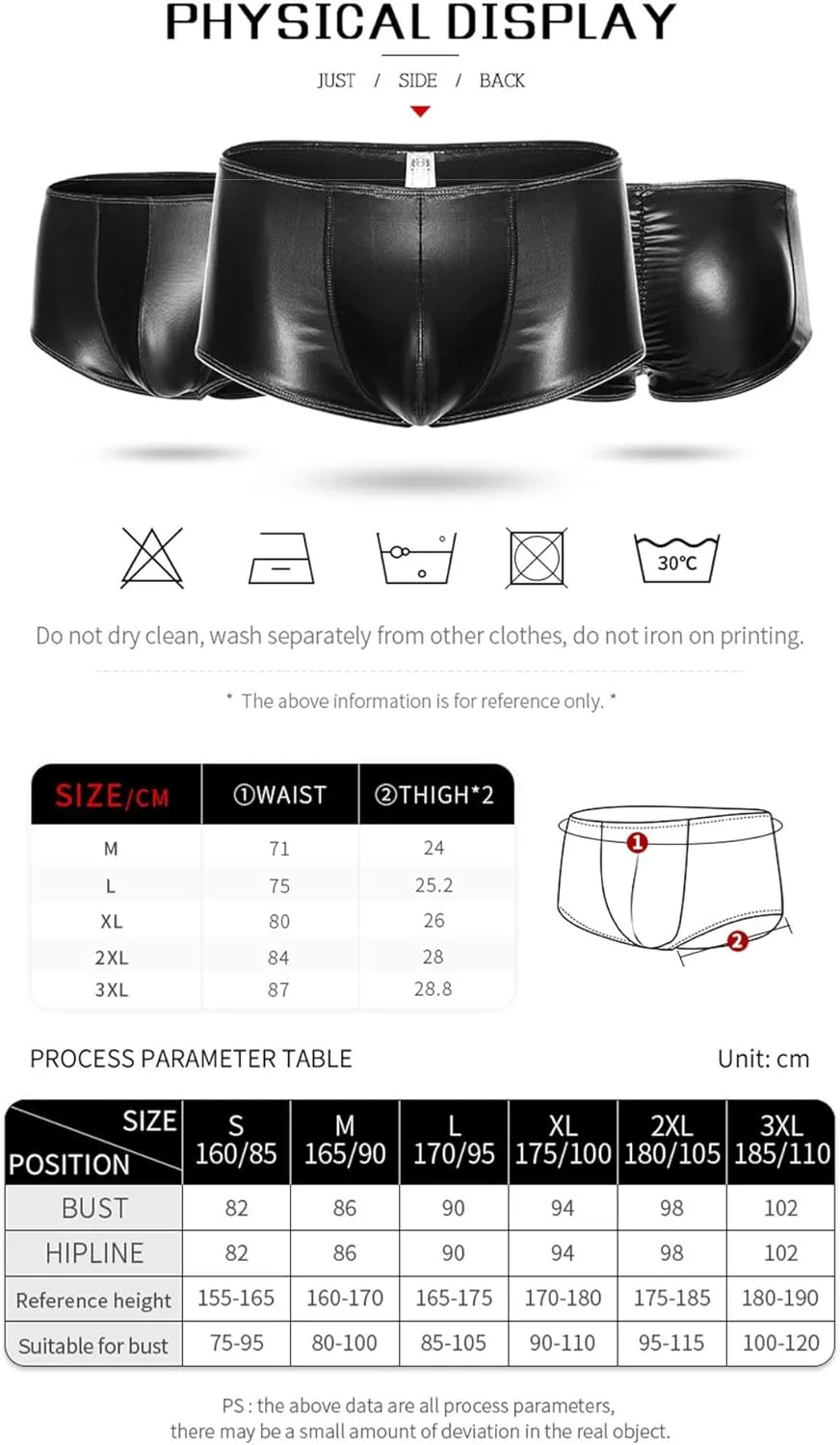 Men's Faux Leather Padded Boxer Briefs Butt Lifter and Front Pouch Shapewear Enhancer Shorts Low Rise Trunks Underwear