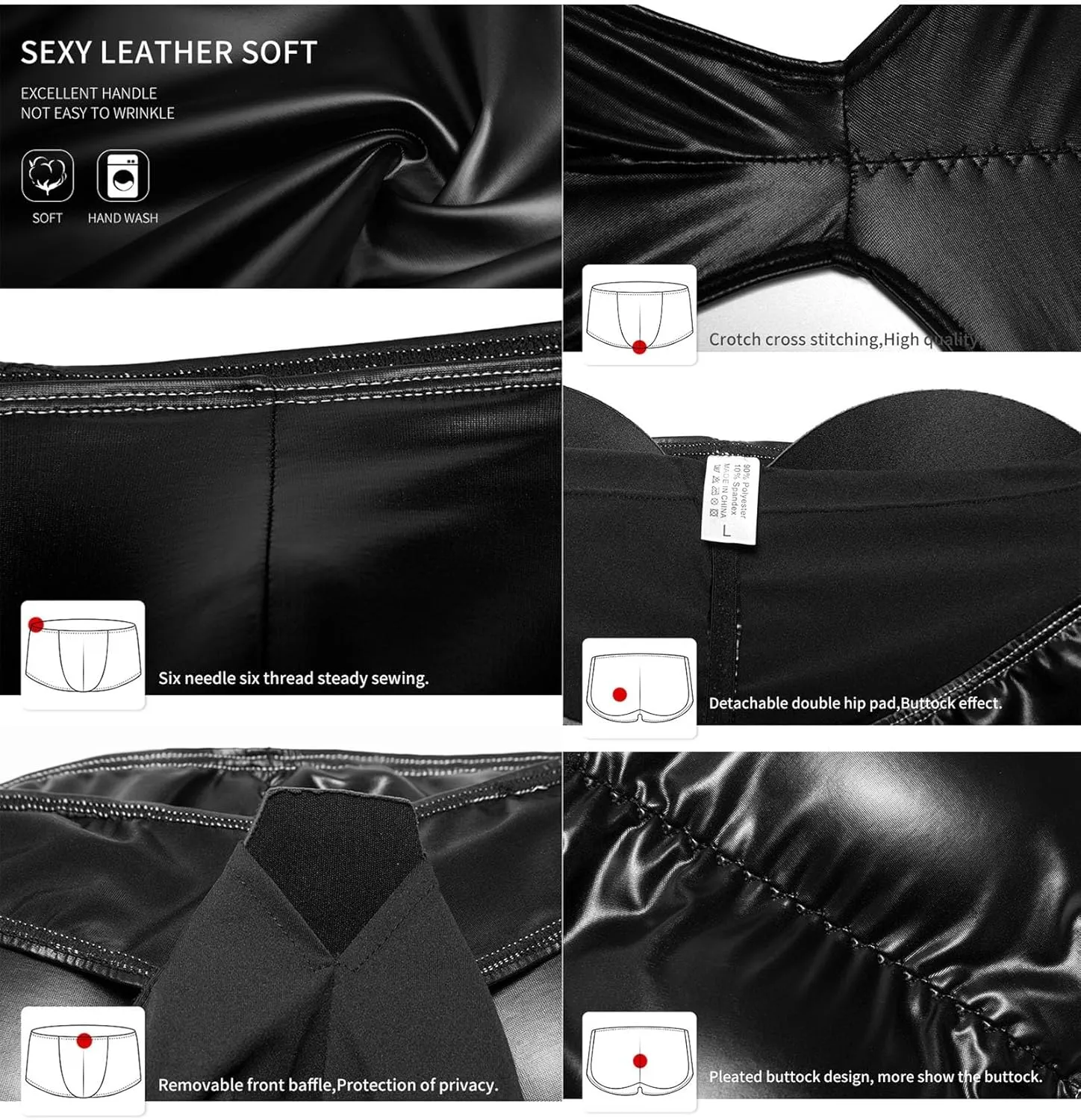 Men's Faux Leather Padded Boxer Briefs Butt Lifter and Front Pouch Shapewear Enhancer Shorts Low Rise Trunks Underwear