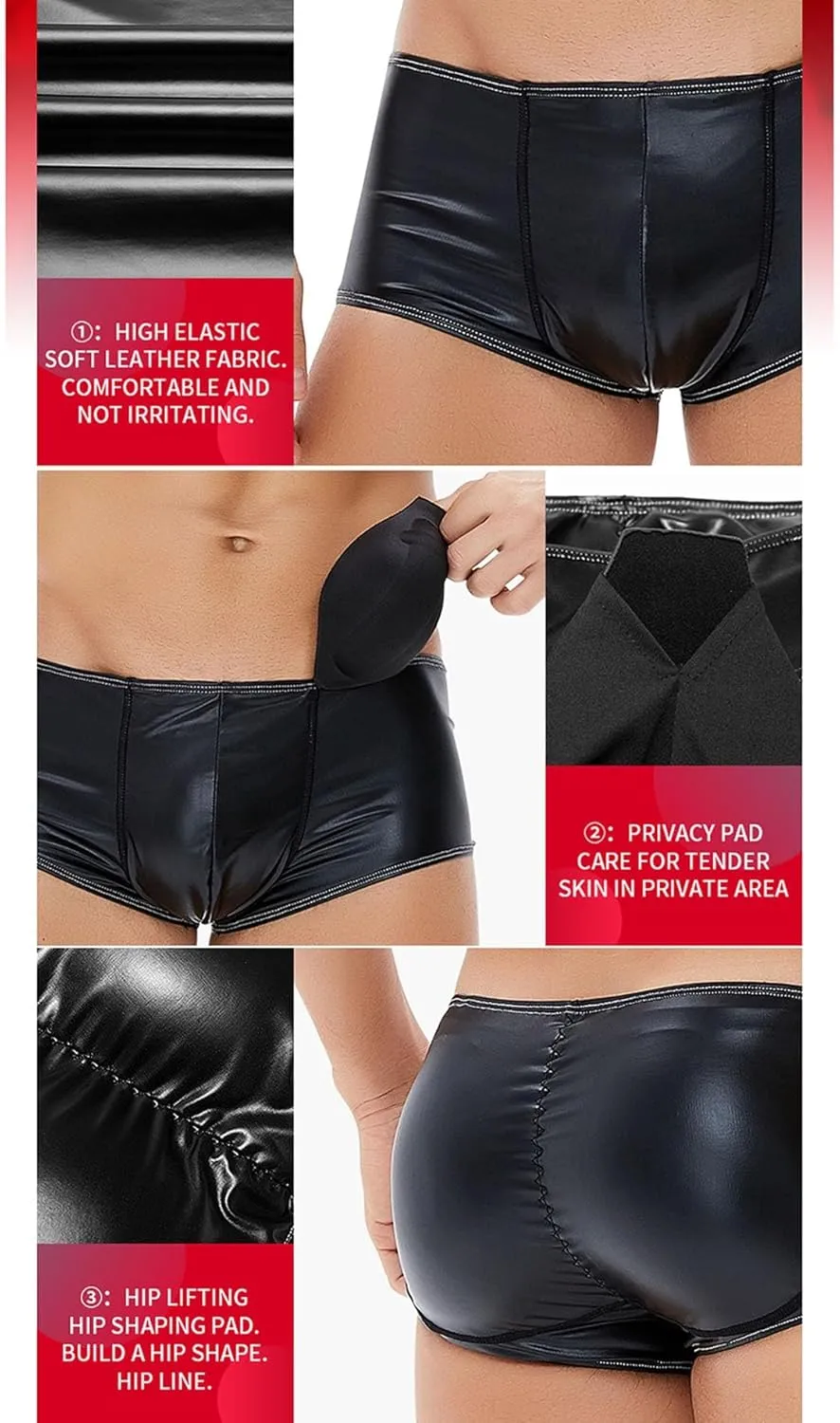 Men's Faux Leather Padded Boxer Briefs Butt Lifter and Front Pouch Shapewear Enhancer Shorts Low Rise Trunks Underwear