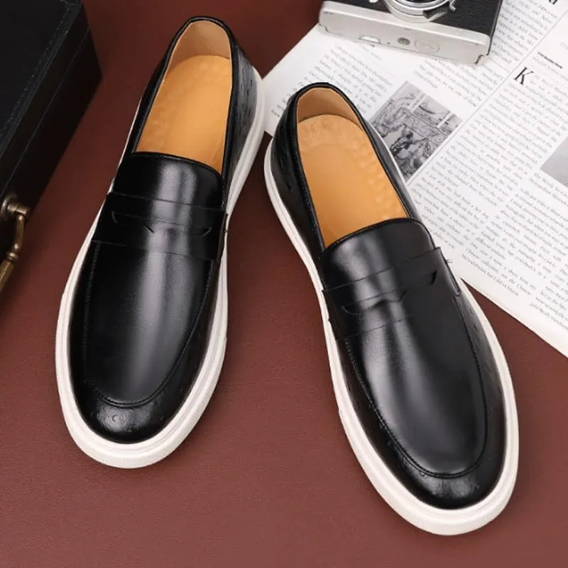 Men's Leather Chunky Platform Penny Loafers with Round Toe Design, Non-Slip Lug Sole for Office, Business, and Casual Wear