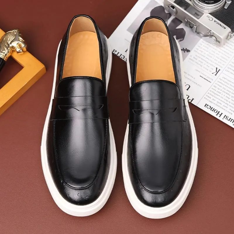 Men's Leather Chunky Platform Penny Loafers with Round Toe Design, Non-Slip Lug Sole for Office, Business, and Casual Wear