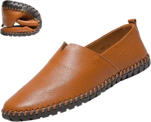 Men's Leather Slip-on Loafers,Lightweight Comfy Cutout Breathe Plain Toe Hand-Stitching Oxford Driving Casual Shoes