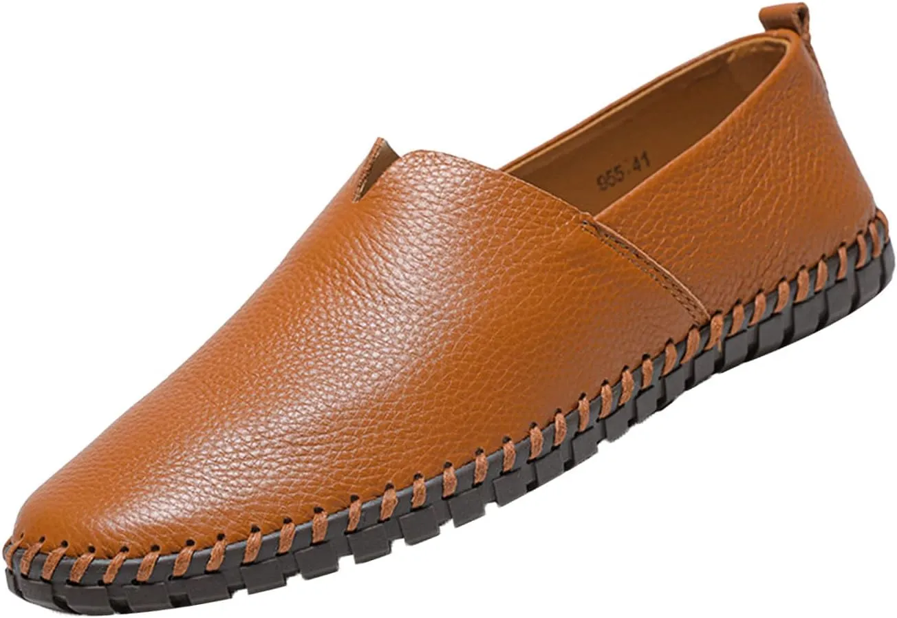 Men's Leather Slip-on Loafers,Lightweight Comfy Cutout Breathe Plain Toe Hand-Stitching Oxford Driving Casual Shoes