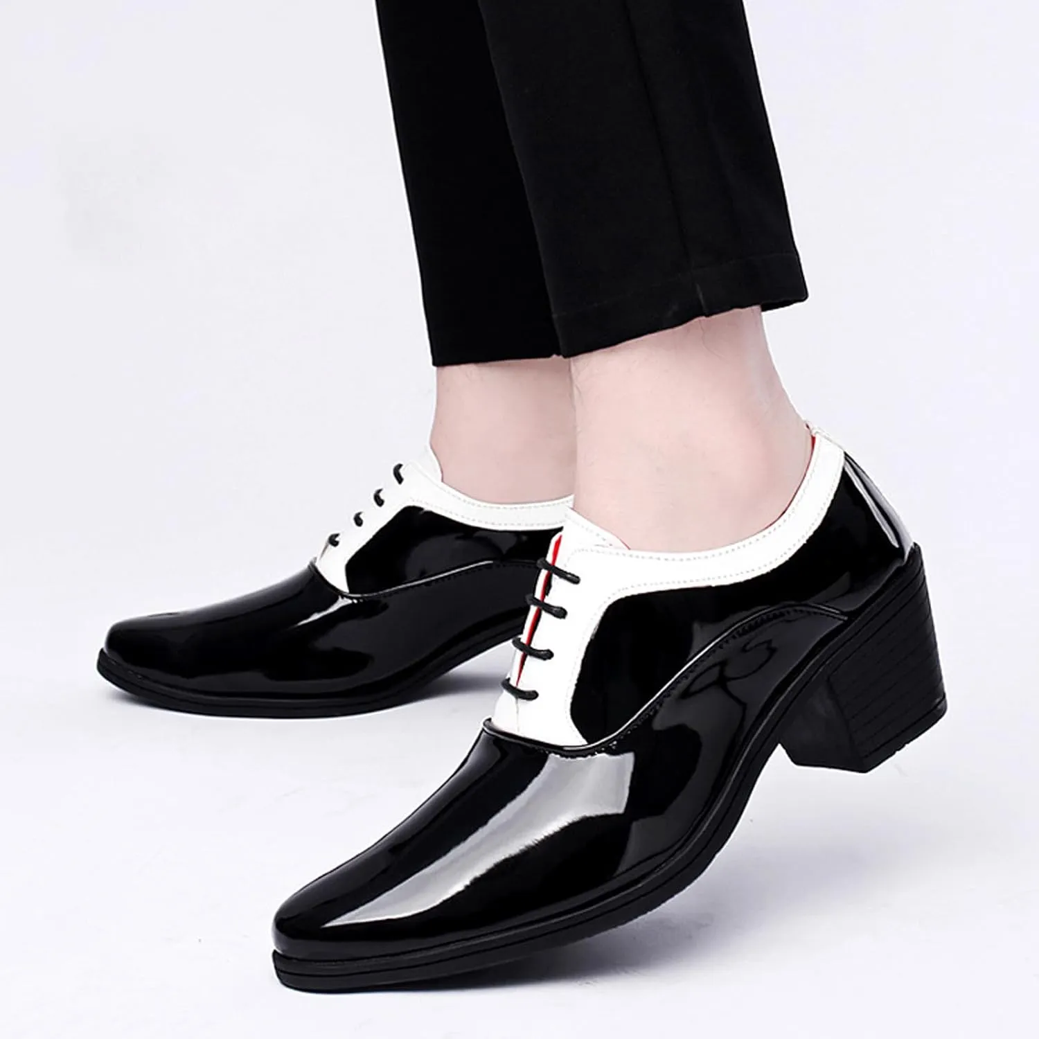 Men's Patent Leather Lace up Block Heel Oxford Shoes Pointed Toe Chunky Low Heel Two Tone Business Dress Loafers Business Derby Shoes Office Prom Evening Wedding Shoes