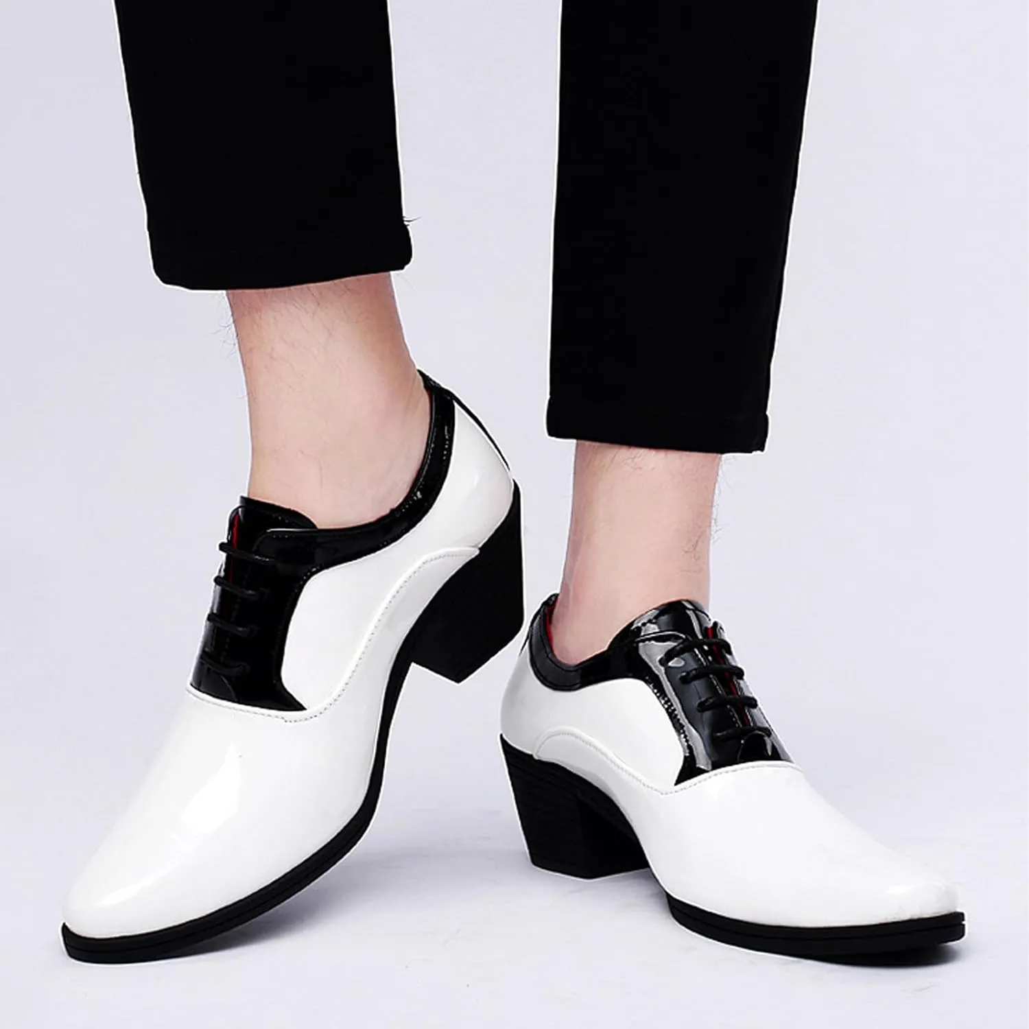 Men's Patent Leather Lace up Block Heel Oxford Shoes Pointed Toe Chunky Low Heel Two Tone Business Dress Loafers Business Derby Shoes Office Prom Evening Wedding Shoes