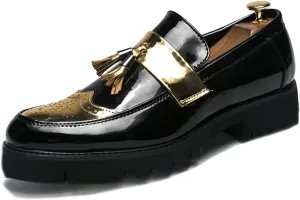 Men's Patent Leather Platform Slip-On Penny Loafers Shoes, Fashion Round Toe Tassel Non-Slip Lug Sole Dress Shoes,for Party Dating Prom