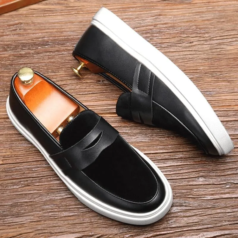 Men's Round Toe Suede Leather Penny Loafers with Chunky Platform and Low Block Heel, Ideal for Office, Business, and Daily Casual Wear
