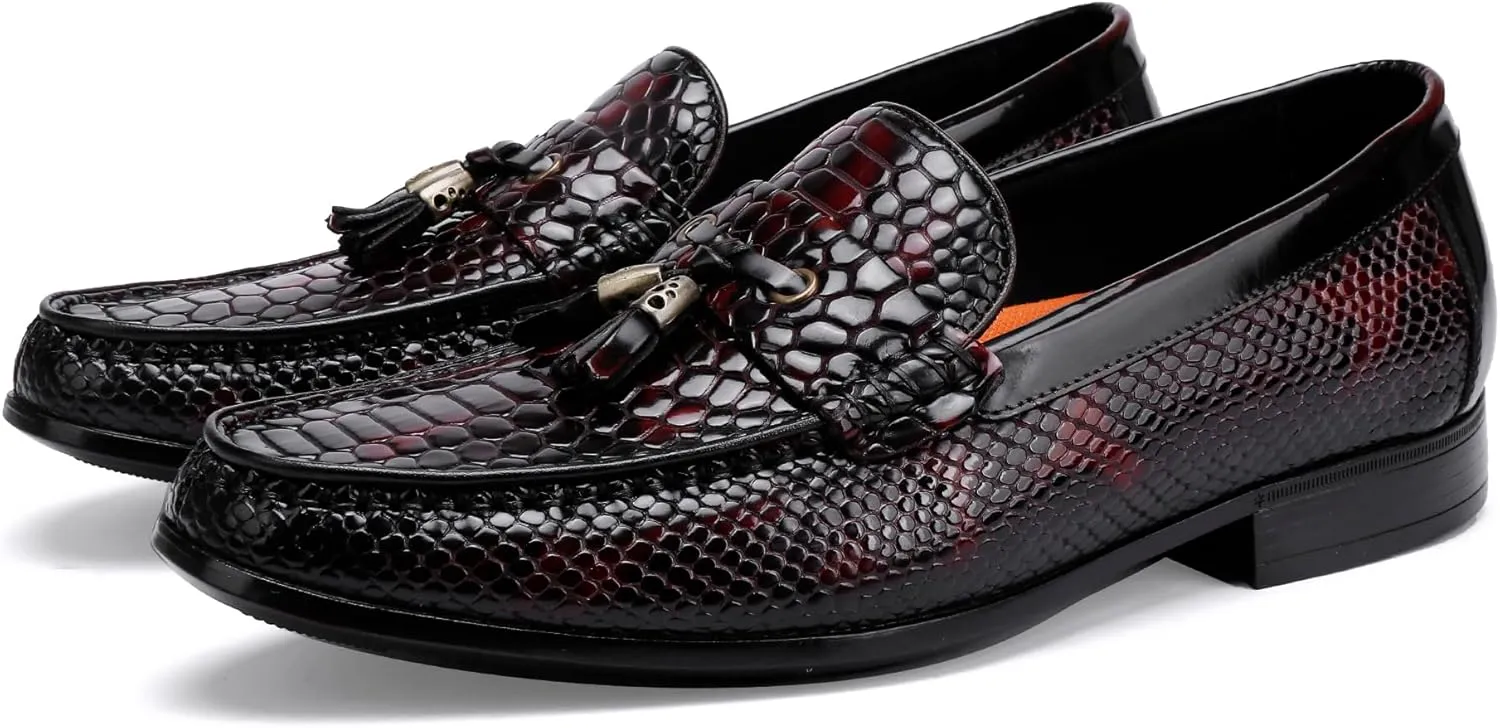 Men's Tassel Dress Shoes, Fashion Crocodile Printed Classic Leather Slip on Loafers Tassel Shoes