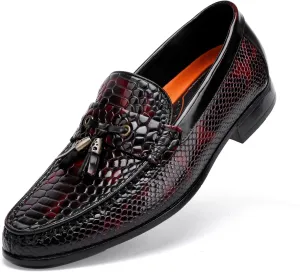 Men's Tassel Dress Shoes, Fashion Crocodile Printed Classic Leather Slip on Loafers Tassel Shoes