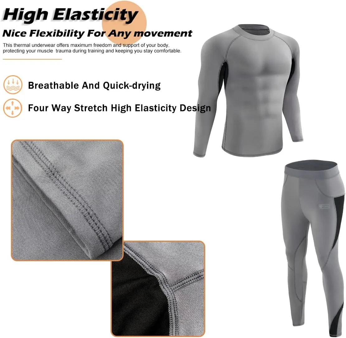 Men’s Thermal Underwear Set, Winter Fleece Lined Sport Long Johns Base Layer Quick Drying Thermo for Hunting Skiing