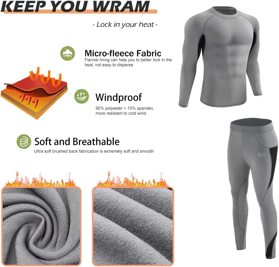 Men’s Thermal Underwear Set, Winter Fleece Lined Sport Long Johns Base Layer Quick Drying Thermo for Hunting Skiing