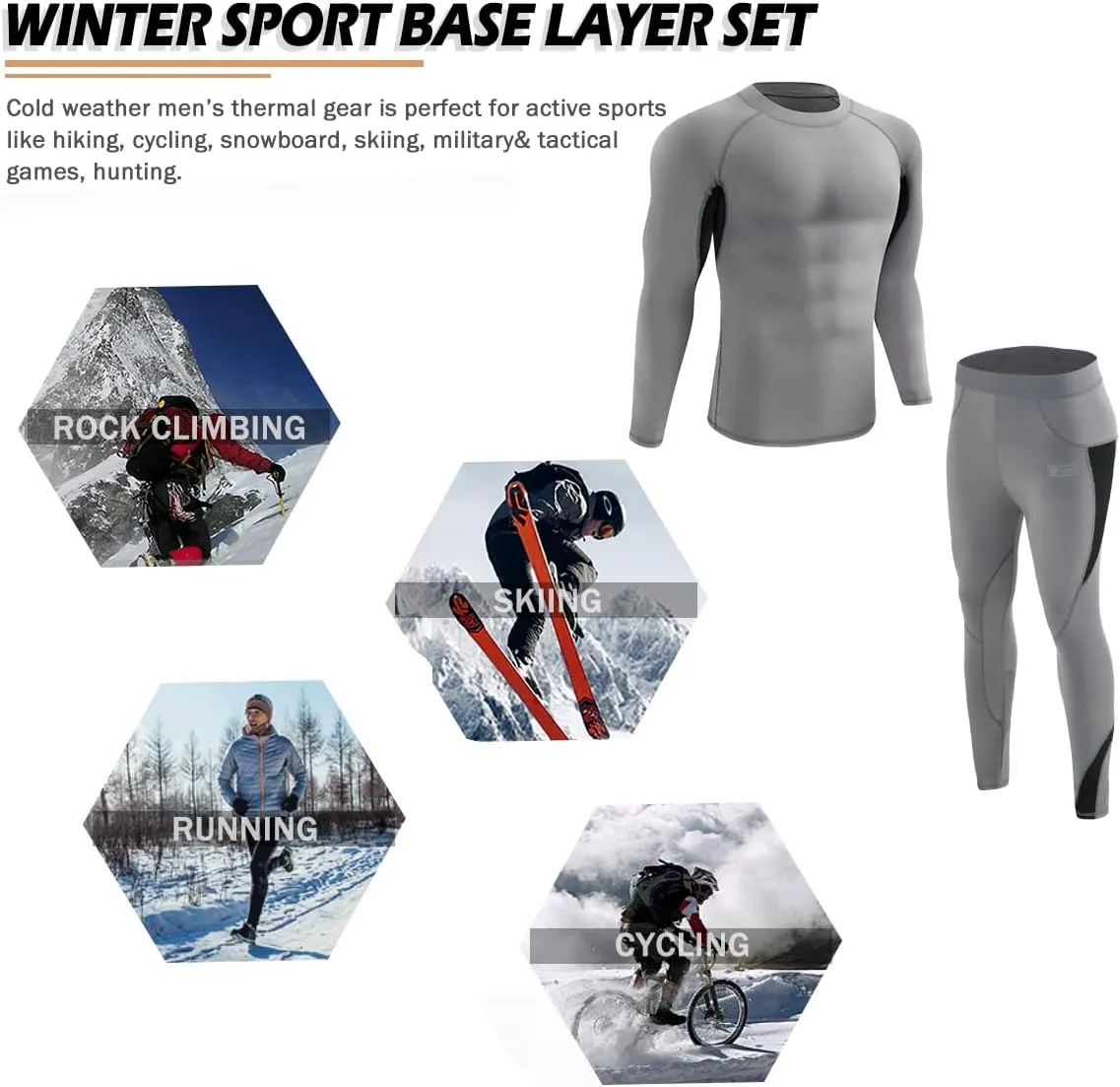 Men’s Thermal Underwear Set, Winter Fleece Lined Sport Long Johns Base Layer Quick Drying Thermo for Hunting Skiing