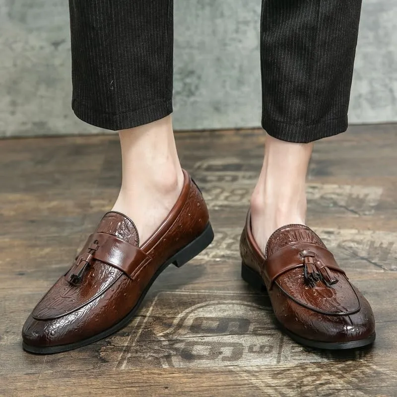 Men's Vegan Leather Loafers - Burnished Crocodile Print Tassel Detail Flexible & Anti-Slip Slip-Ons for Comfortable Party and Fashion Wear