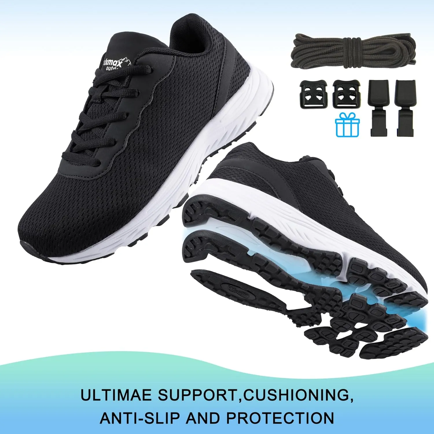 Men’s Wide Shoes for Walking Wide Width Diabetic Shoes Cushioning Road Running Shoes for Flat Feet Arch Fit Heel Pain Relief Black/White
