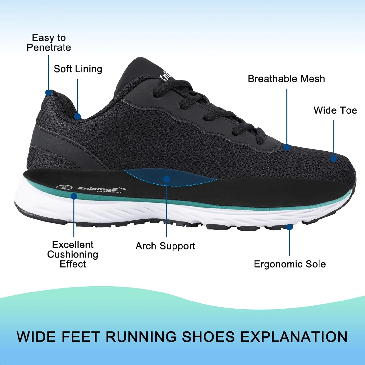 Men’s Wide Shoes for Walking Wide Width Diabetic Shoes Cushioning Road Running Shoes for Flat Feet Arch Fit Heel Pain Relief Black/White