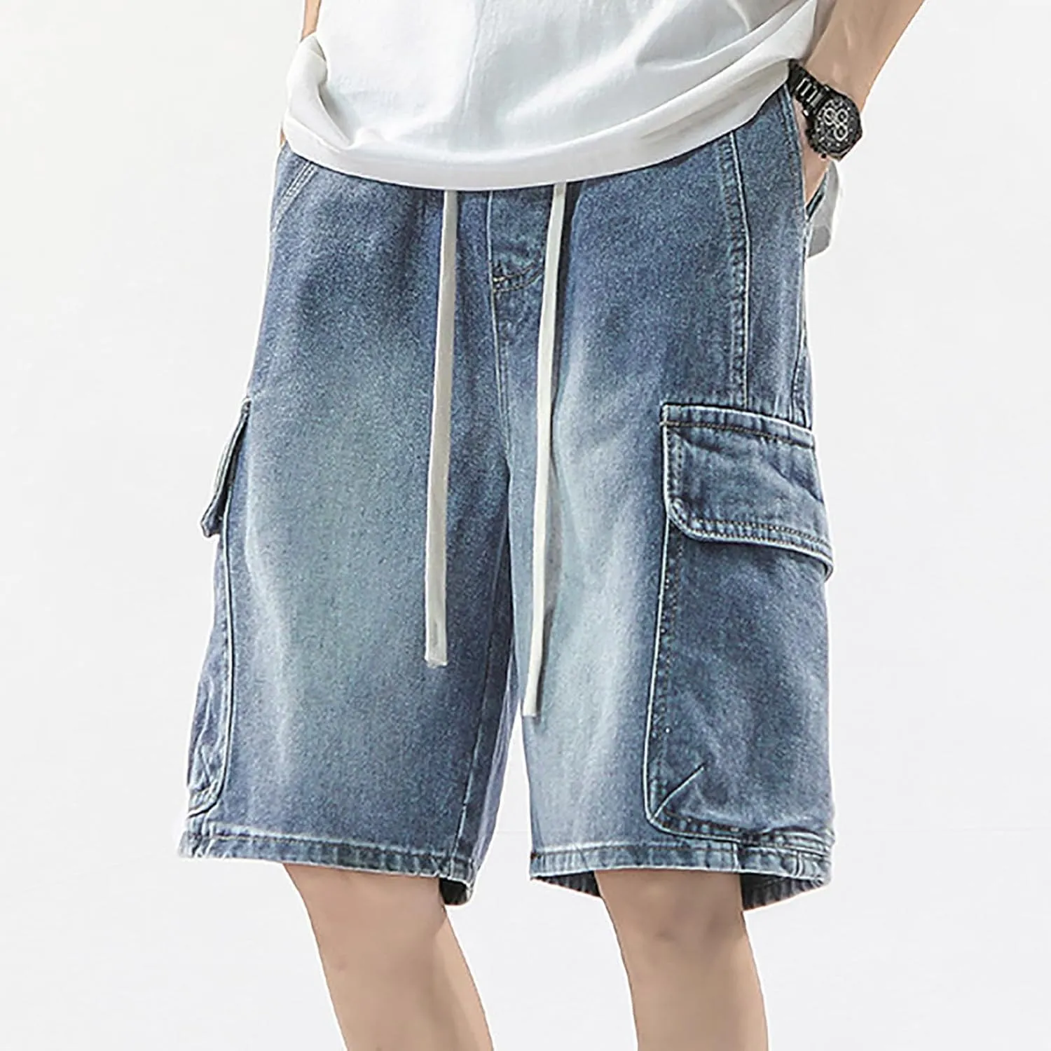 Mens Y2K Vintage Baggy Jean Shorts Wide Leg Hip Hop Mid Loose Denim Shorts with Pockets Streetwear