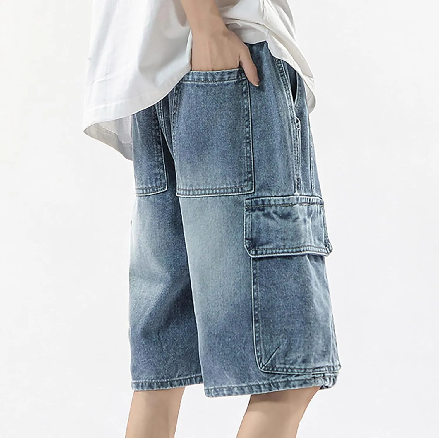 Mens Y2K Vintage Baggy Jean Shorts Wide Leg Hip Hop Mid Loose Denim Shorts with Pockets Streetwear