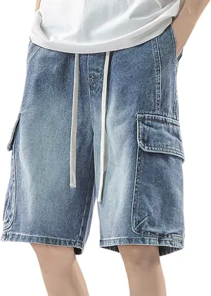 Mens Y2K Vintage Baggy Jean Shorts Wide Leg Hip Hop Mid Loose Denim Shorts with Pockets Streetwear