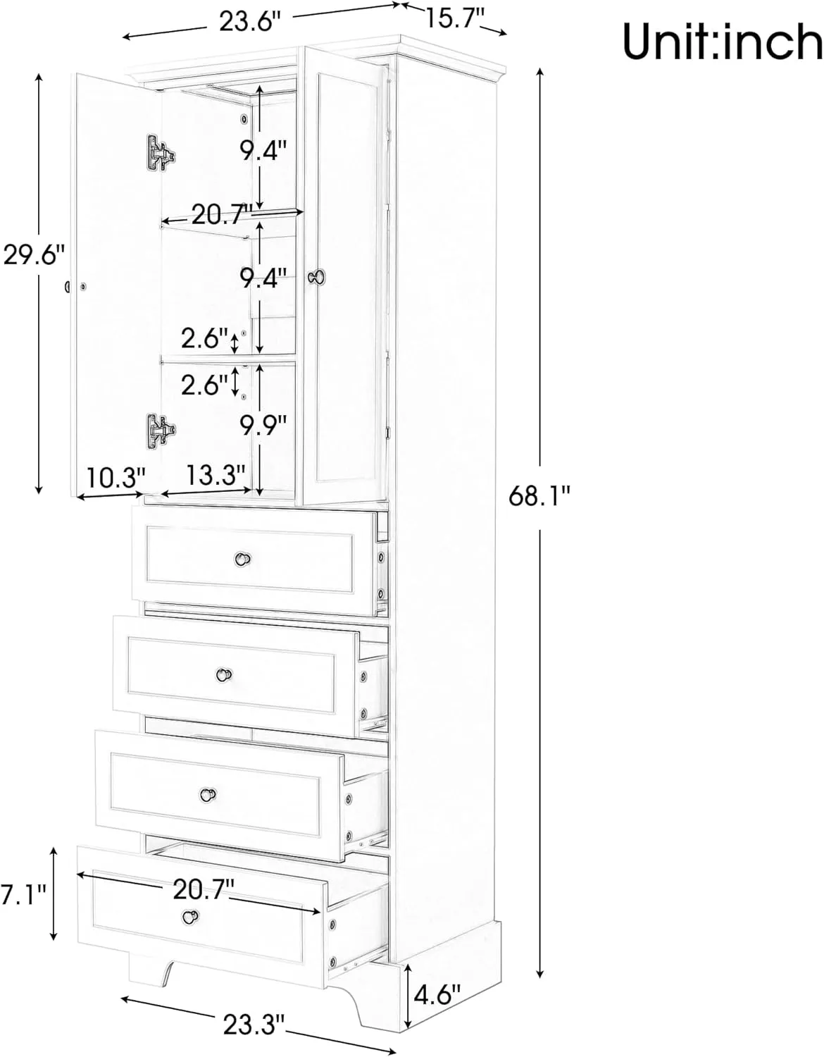 Merax Bathroom Cabinet with Doors and Drawers, Tall Storage Pantry for Home Kitchen, Adjustable Shelf,
