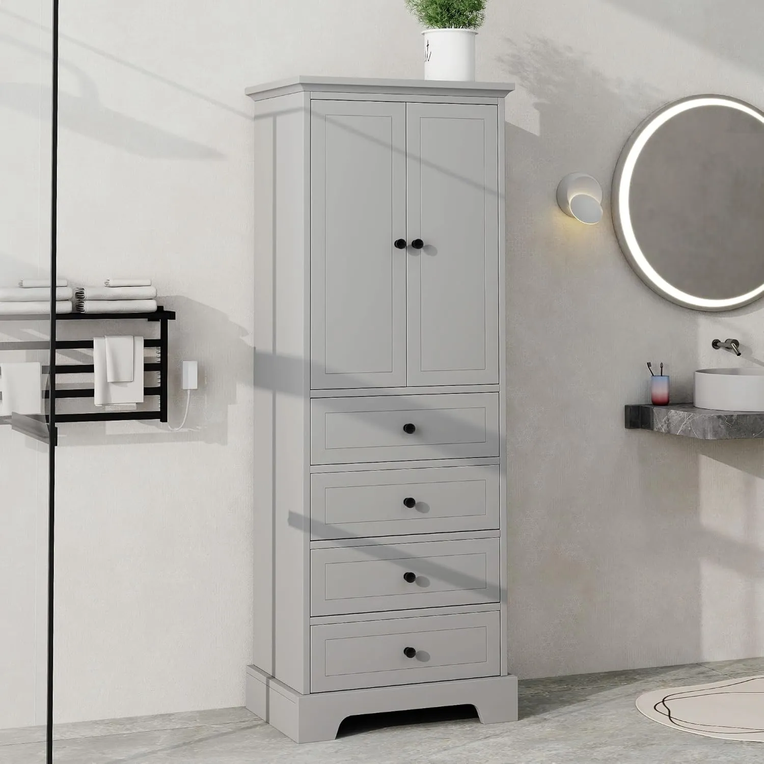 Merax Bathroom Cabinet with Doors and Drawers, Tall Storage Pantry for Home Kitchen, Adjustable Shelf,