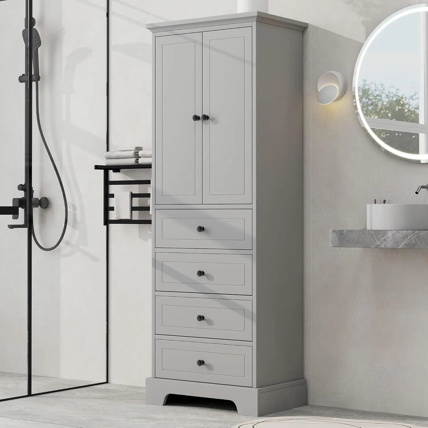 Merax Bathroom Cabinet with Doors and Drawers, Tall Storage Pantry for Home Kitchen, Adjustable Shelf,