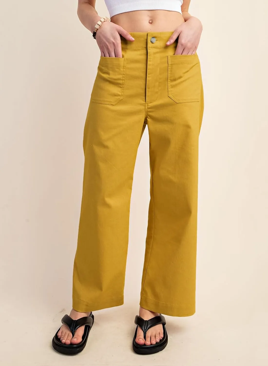 miduo Womens High Waisted Cropped Wide Leg Stretchy Straight Pants Trousers with Pockets