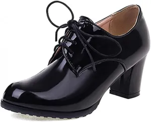 mikarka Women's Vegan Leather Oxfords Heels Shoes, Wingtip Lace Up Brogues Perforated Saddles Pumps Chunky Mid Heel Dress Shoes