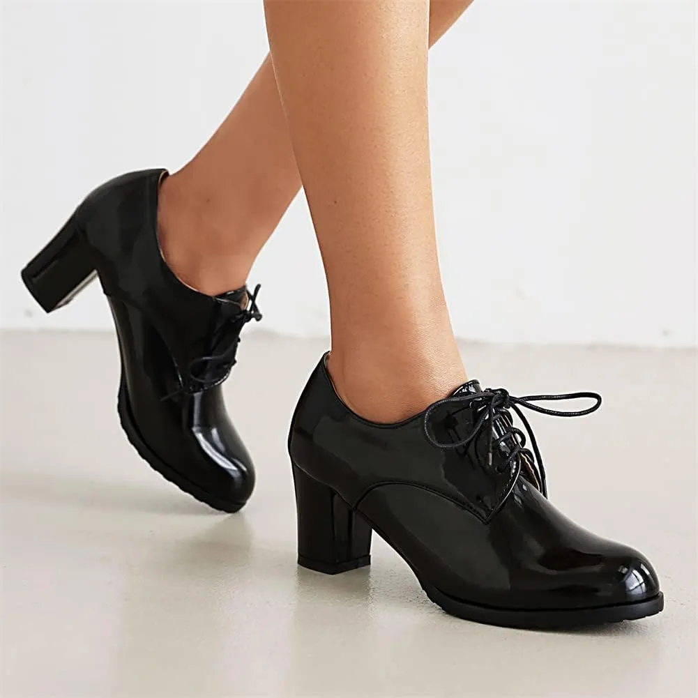 mikarka Women's Vegan Leather Oxfords Heels Shoes, Wingtip Lace Up Brogues Perforated Saddles Pumps Chunky Mid Heel Dress Shoes