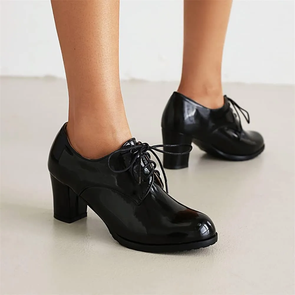 mikarka Women's Vegan Leather Oxfords Heels Shoes, Wingtip Lace Up Brogues Perforated Saddles Pumps Chunky Mid Heel Dress Shoes