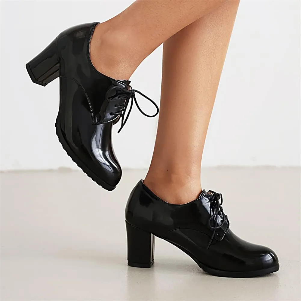 mikarka Women's Vegan Leather Oxfords Heels Shoes, Wingtip Lace Up Brogues Perforated Saddles Pumps Chunky Mid Heel Dress Shoes