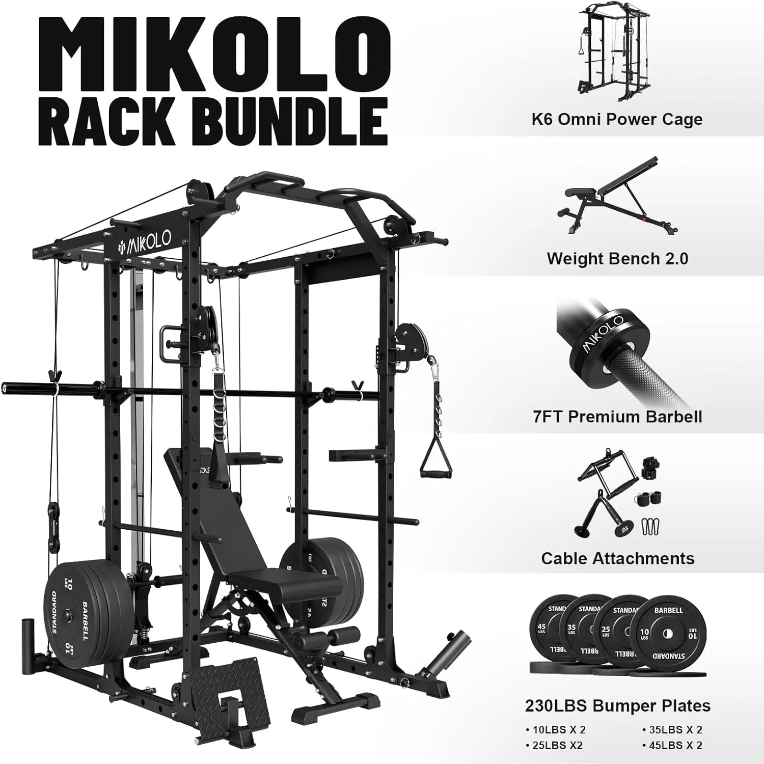 Mikolo Power Cage, Power Rack with Cable Crossover System, 1500LBS Squat Rack with LAT Pull Down System, Workout Cage with Pulley System for Fitness Home Gym