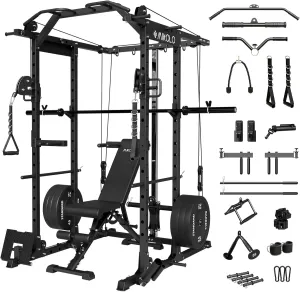 Mikolo Power Cage, Power Rack with Cable Crossover System, 1500LBS Squat Rack with LAT Pull Down System, Workout Cage with Pulley System for Fitness Home Gym