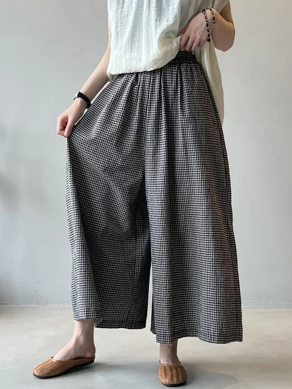 Minibee Women's Linen Palazzo Pants Casual Wide Leg Gingham Pant Boho Plaid Loose Trousers with Pockets