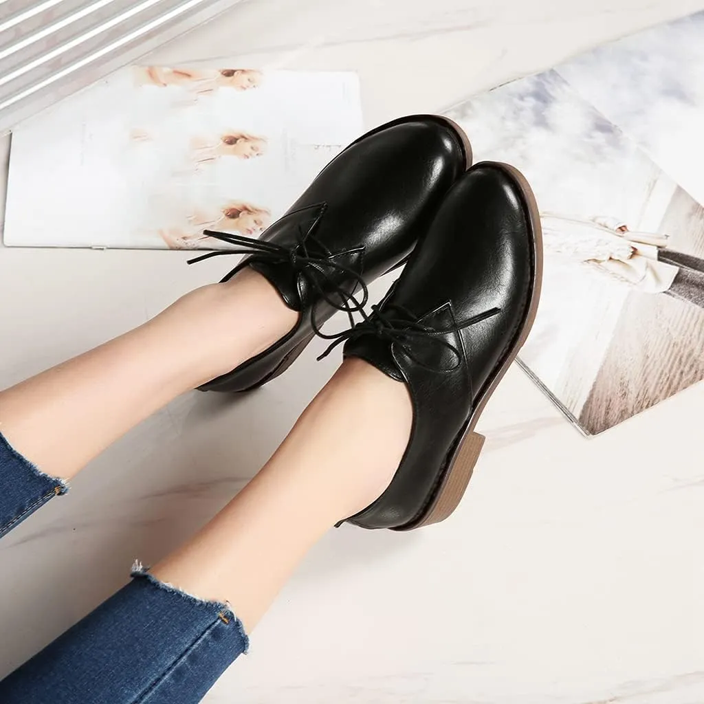 MIOKE Women's Classic Flat Saddle Oxford Shoes Lace Up Wingtip Perforated Low Heel Vintage School Brogues