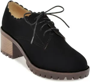 MIOKE Women's Round Toe Lace Up Pump Oxfords Casual Platform Chunky Mid Heel Vintage Brogues Dress Shoes Black