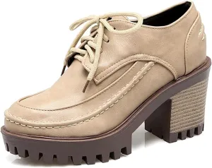 MIOKE Women's Round Toe Platform Oxford Pumps Lace Up Vintage Brogues Comfort Chunky High Heel Dress Shoes