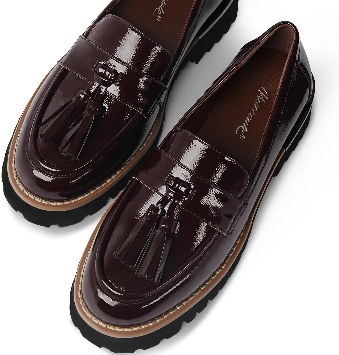 MUCCCUTE Loafers for Women Platform Chunky Loafer Comfortable Slip On Lug Sole Patent Leather Tassel Casual Work Shoes