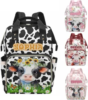 MyPupSocks Customized Name Diaper Bag with Adorable Cow- Tailored Mommy Backpack Comfort for You and Your Little One