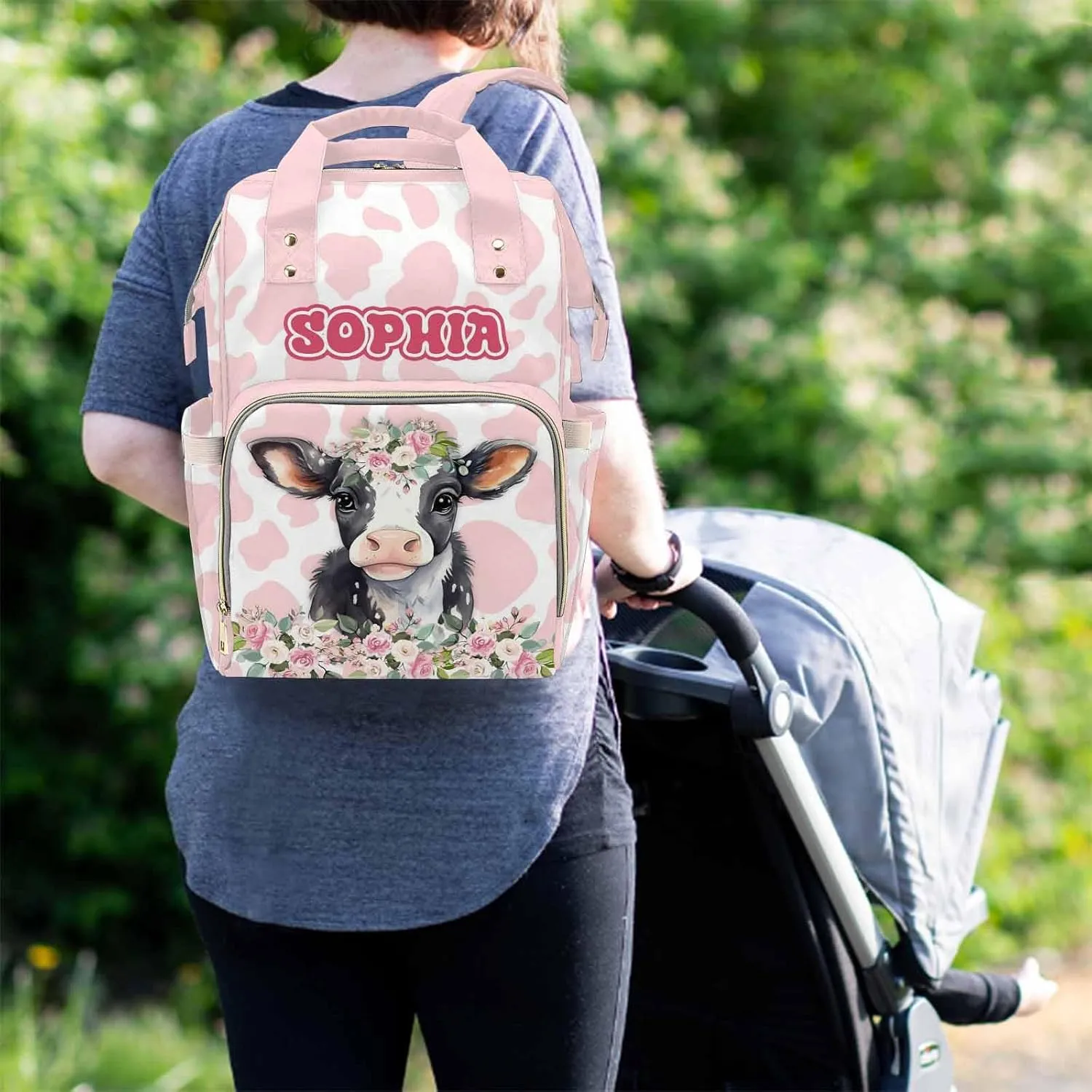 MyPupSocks Customized Name Diaper Bag with Adorable Cow- Tailored Mommy Backpack Comfort for You and Your Little One