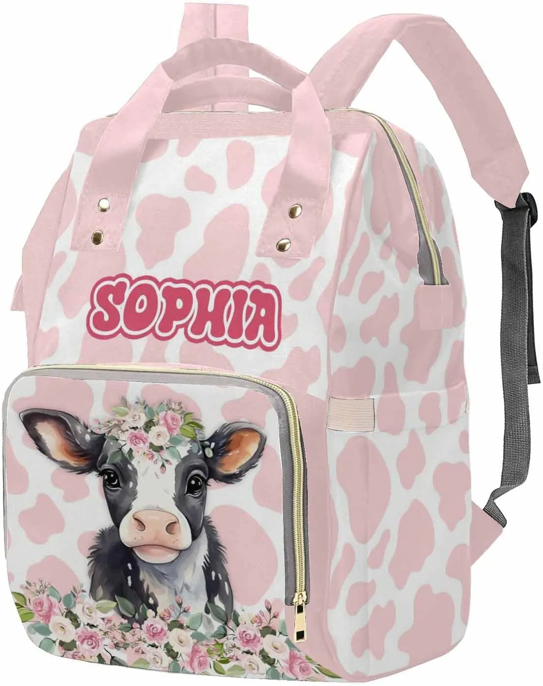 MyPupSocks Customized Name Diaper Bag with Adorable Cow- Tailored Mommy Backpack Comfort for You and Your Little One