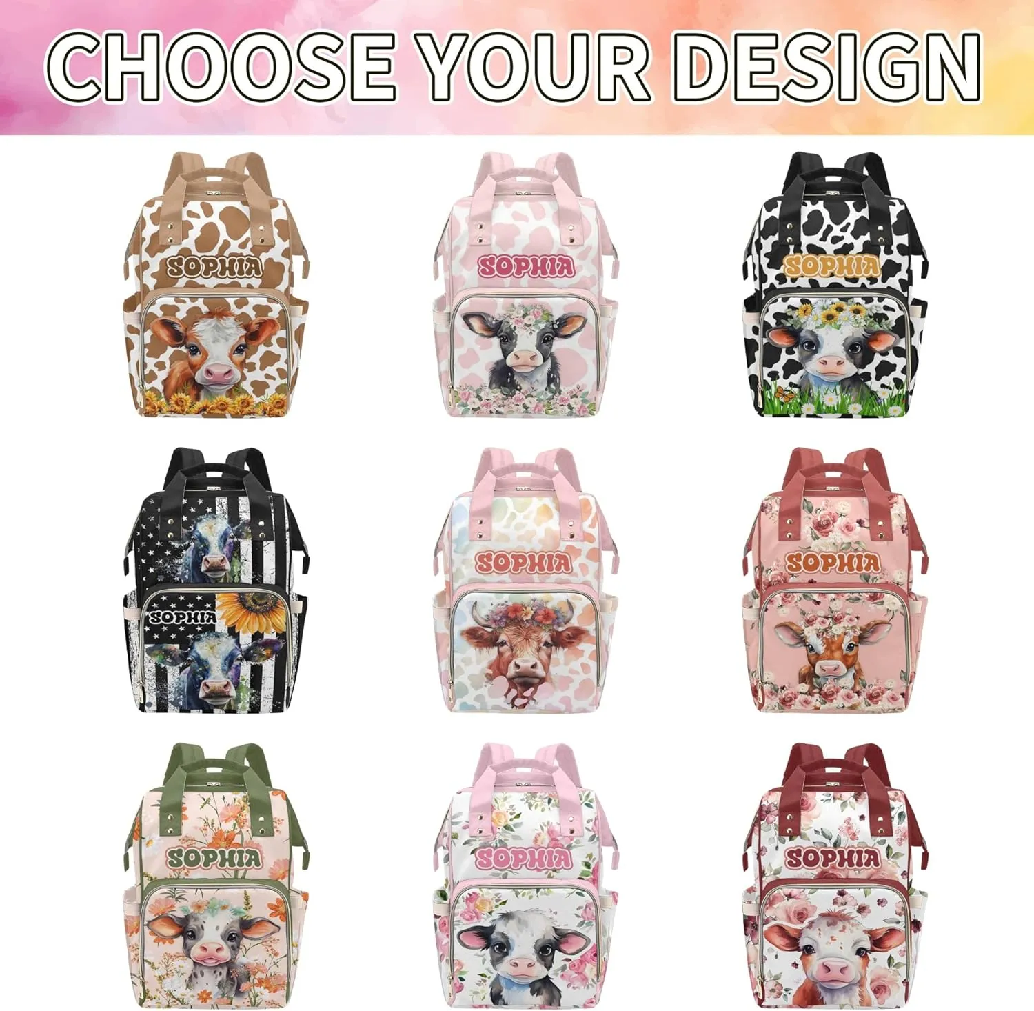MyPupSocks Customized Name Diaper Bag with Adorable Cow- Tailored Mommy Backpack Comfort for You and Your Little One