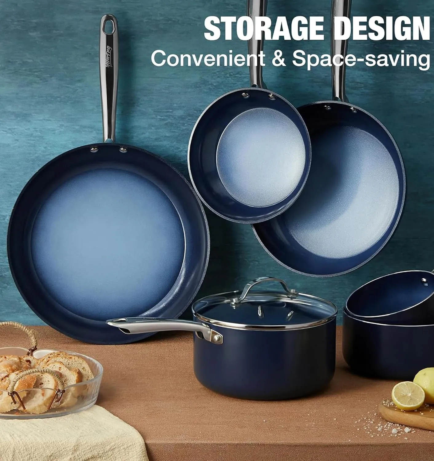 Nonstick Frying Pan 12 Inch with Lid, Ceramic Non Stick Frying pans, Omelet Pan, Even Heating and Less Oil, Suitable for All Stoves, Oven Safe, Gradient Blue